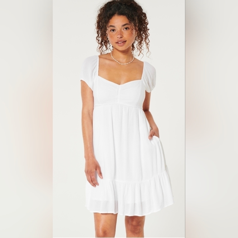Hollister Short Sleeve Babydoll Mini Dress White Viscose NWT